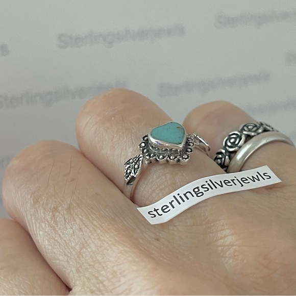 Sterling Silver Victorian Heart Synthetic Turquoise Ring, Love Silver Rings - Picture 10 of 13